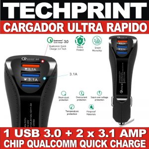 Cargador Rapido Auto Qualcomm Qc 3.0 + Doble Usb 3.1 Amp